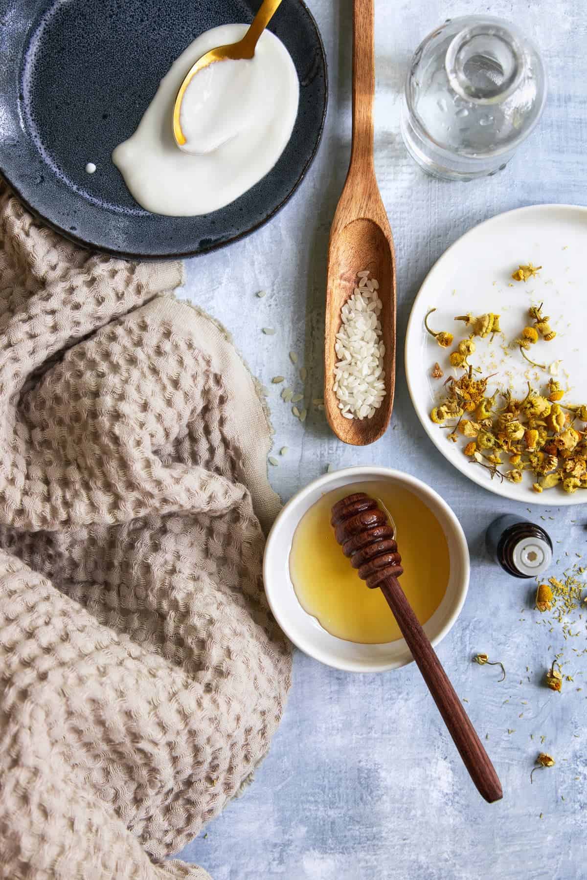 Ingredients for a rice flour face scrub